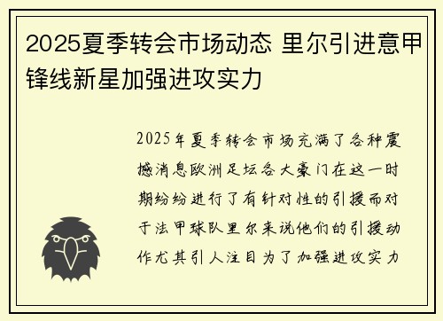 2025夏季转会市场动态 里尔引进意甲锋线新星加强进攻实力 2025夏季转会市场动态 里尔引进意甲锋线新星加强进攻实力